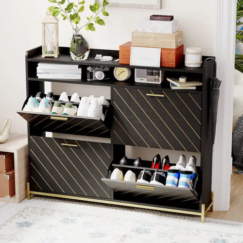 Black Four-Drawer Shoe Cabinet with Chevron Detailing and Gold Accents