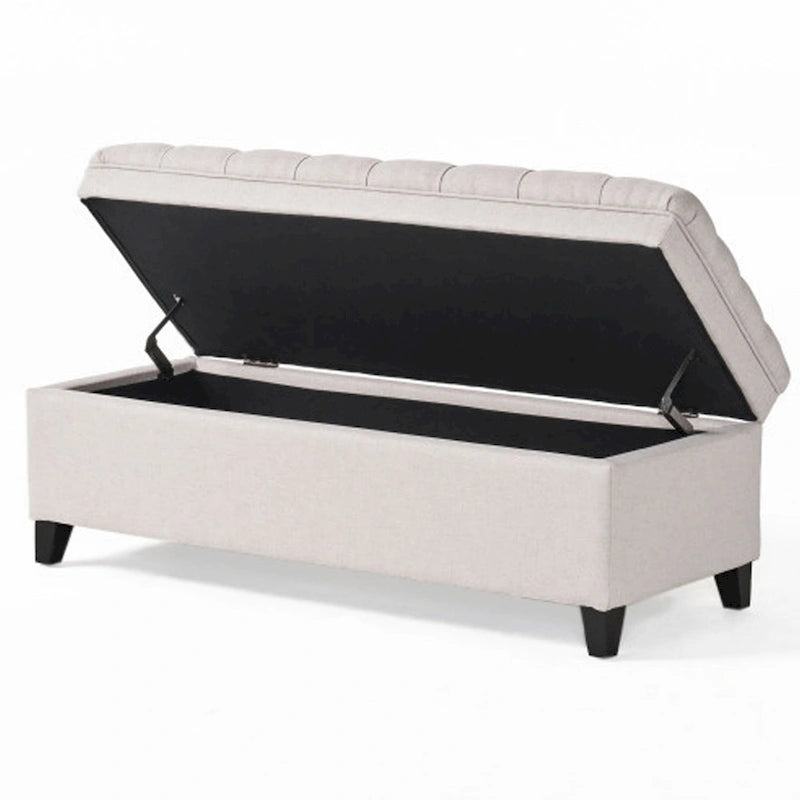Rhya Storage Bench Ottoman, 50 Inch Seat, Button Tufted Gray Fabric