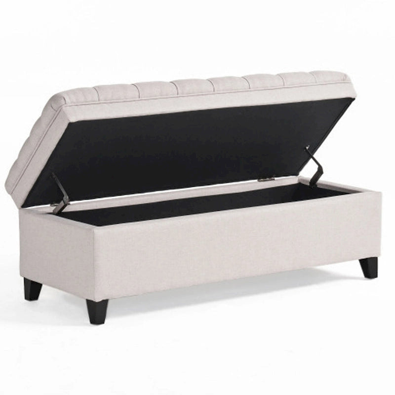 Rhya Storage Bench Ottoman, 50 Inch Seat, Button Tufted Gray Fabric