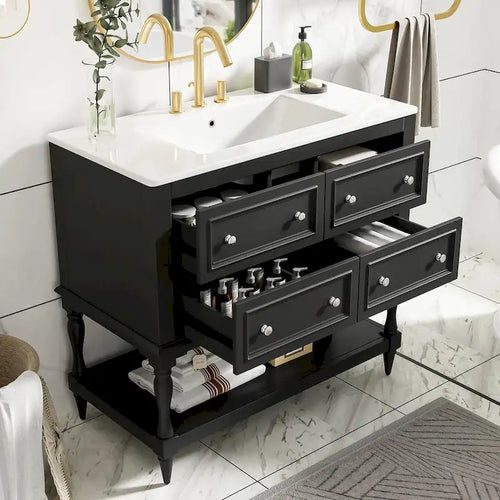 36 Bathroom Vanity Cabinet with Sink Combo Set, Undermount Ceramic Sink, Free Standing Vanity Set with 4 Drawers