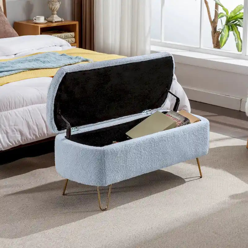 Blue Storage Ottoman Bench with Gold Legs