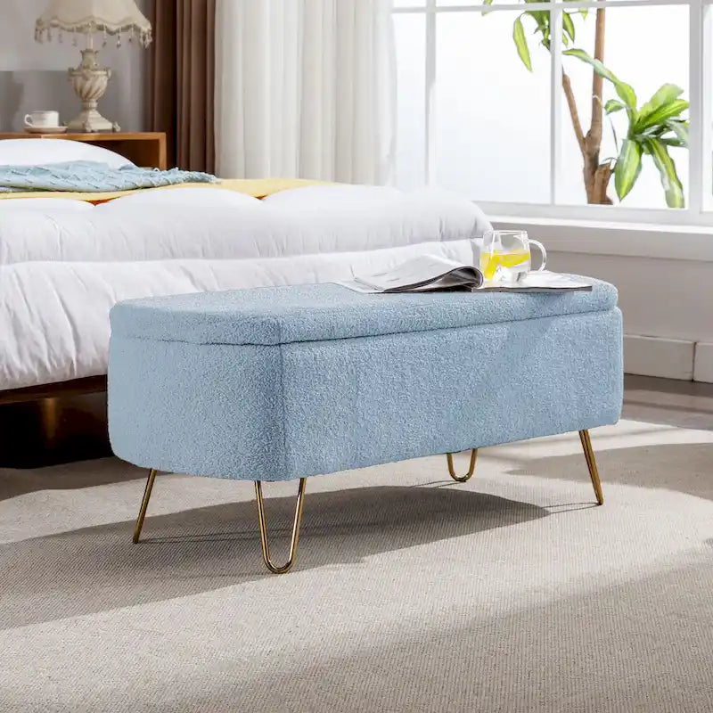 Blue Storage Ottoman Bench with Gold Legs