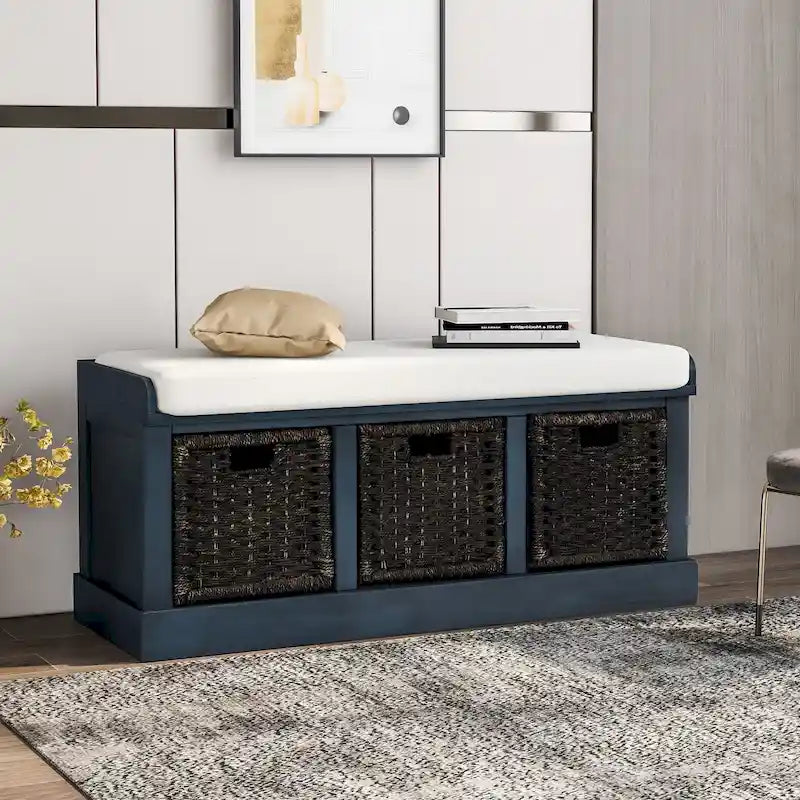 TREXM Rustic Storage Bench with 3 Removable Rattan Basket