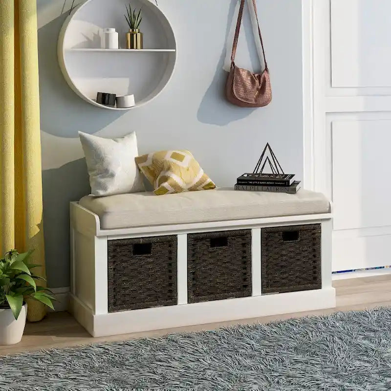 TREXM Rustic Storage Bench with 3 Removable Rattan Basket