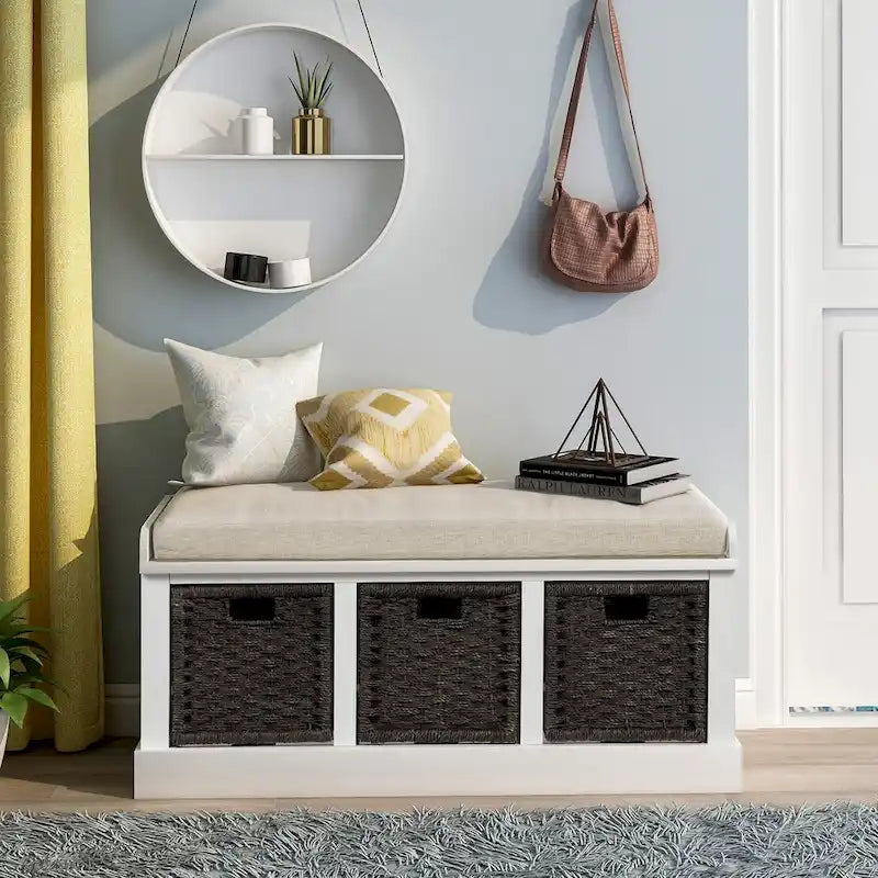TREXM Rustic Storage Bench with 3 Removable Rattan Basket