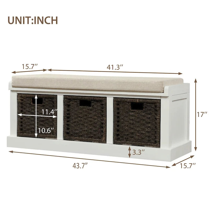 TREXM Rustic Storage Bench with 3 Removable Rattan Basket