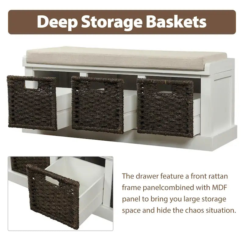 TREXM Rustic Storage Bench with 3 Removable Rattan Basket