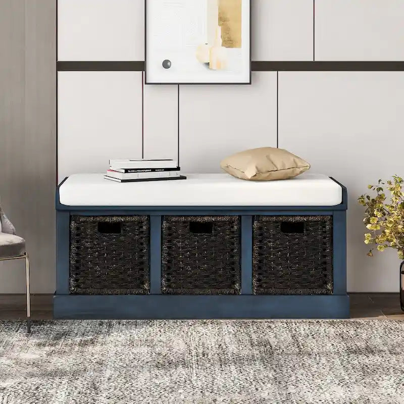 TREXM Rustic Storage Bench with 3 Removable Rattan Basket