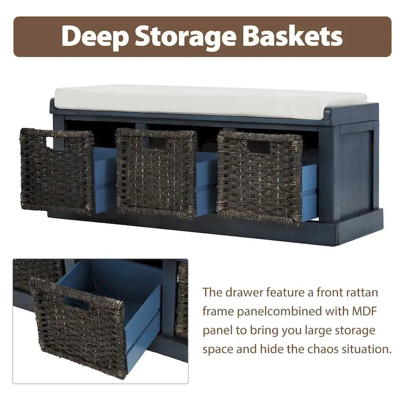 TREXM Rustic Storage Bench with 3 Removable Rattan Basket