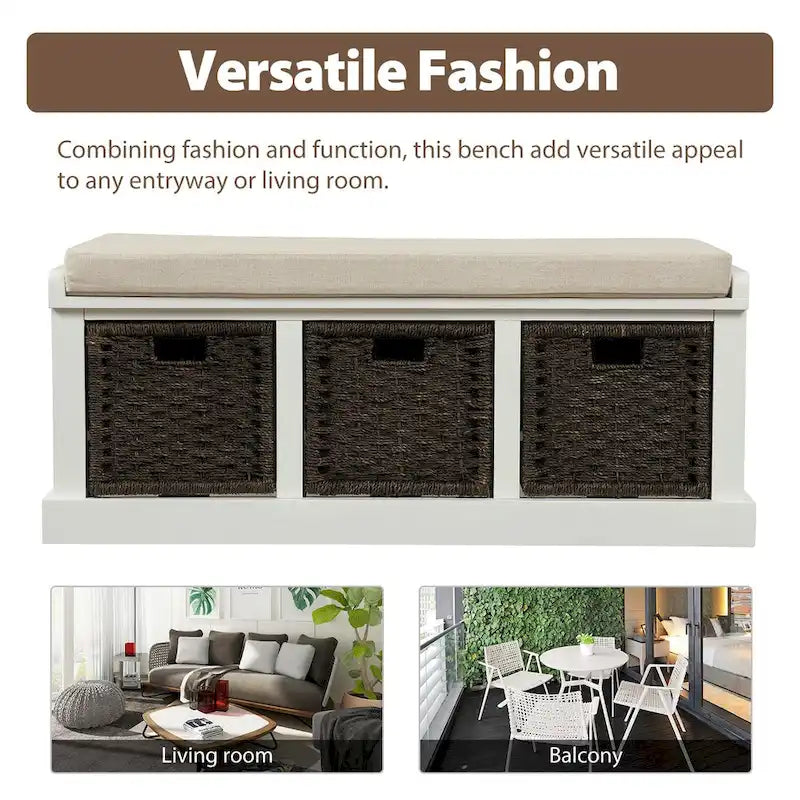 TREXM Rustic Storage Bench with 3 Removable Rattan Basket