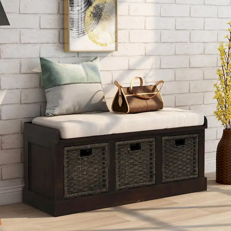 TREXM Rustic Storage Bench with 3 Removable Rattan Basket