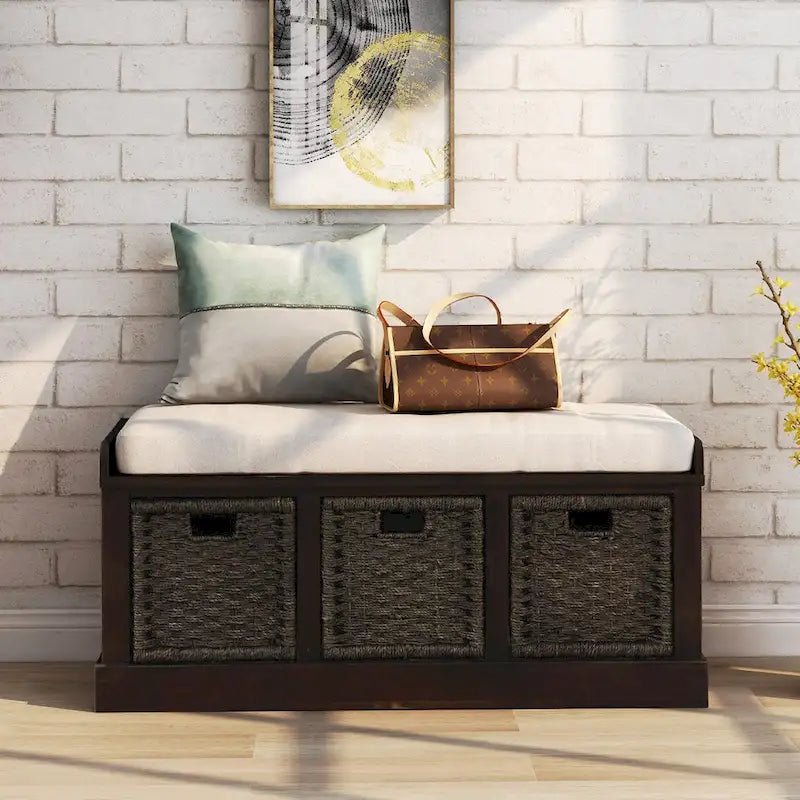 TREXM Rustic Storage Bench with 3 Removable Rattan Basket