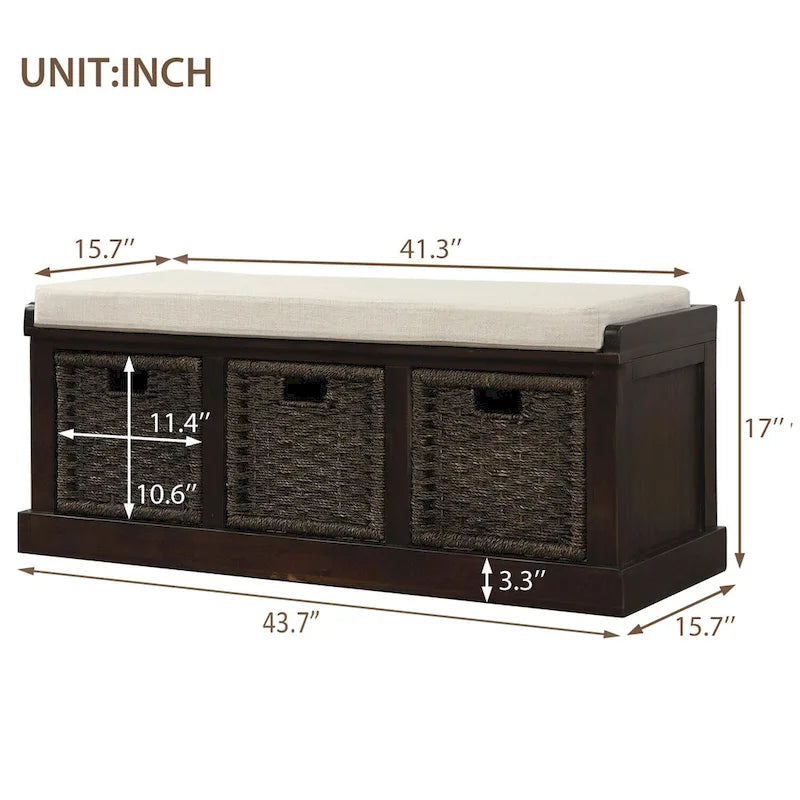 TREXM Rustic Storage Bench with 3 Removable Rattan Basket