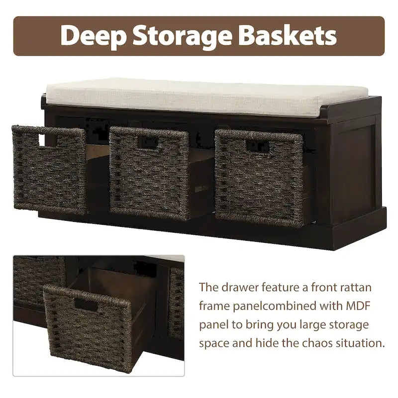 TREXM Rustic Storage Bench with 3 Removable Rattan Basket