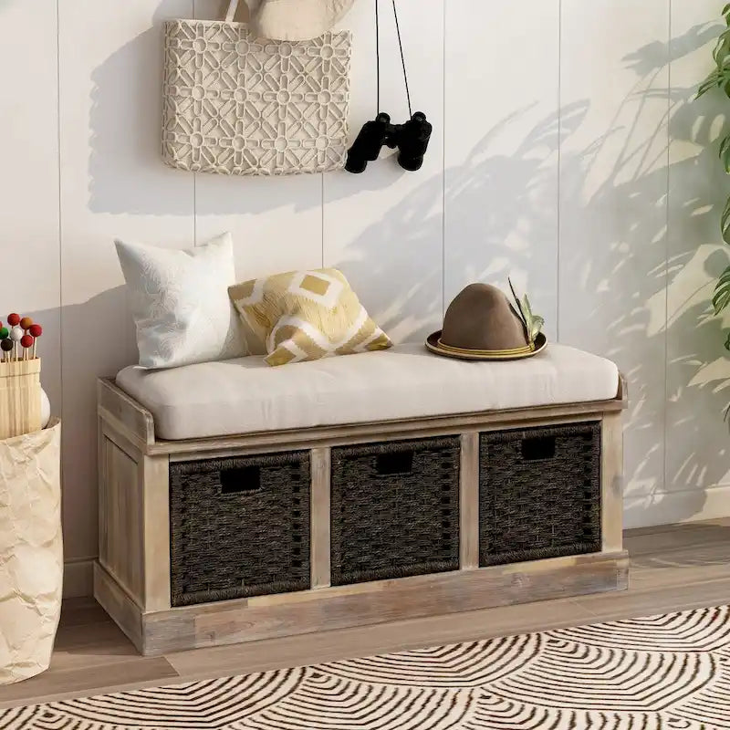TREXM Rustic Storage Bench with 3 Removable Rattan Basket