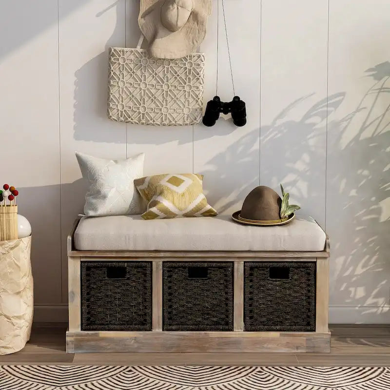 TREXM Rustic Storage Bench with 3 Removable Rattan Basket