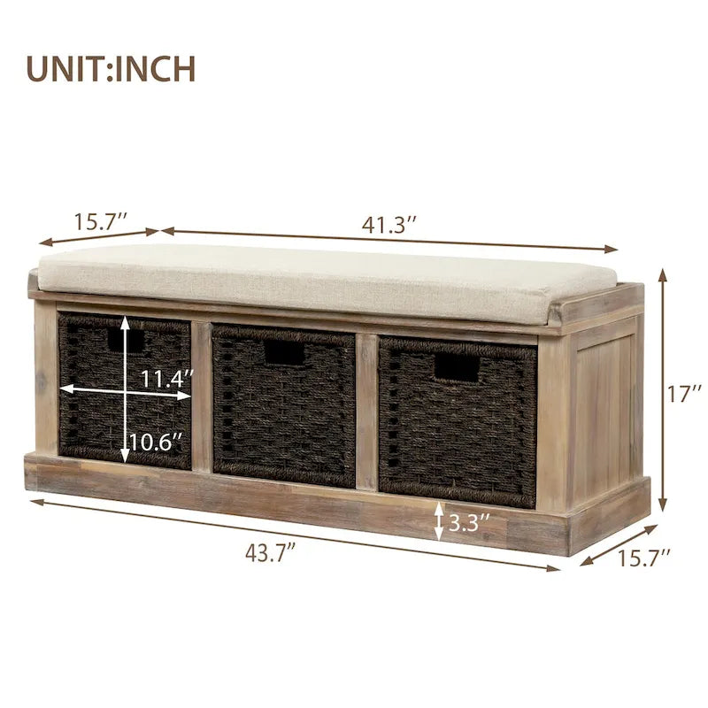 TREXM Rustic Storage Bench with 3 Removable Rattan Basket