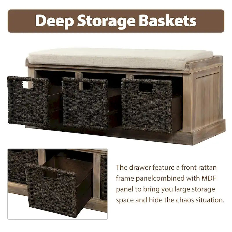 TREXM Rustic Storage Bench with 3 Removable Rattan Basket