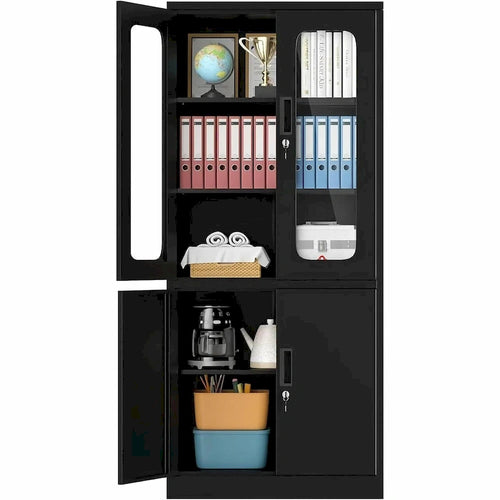 5-Tier Metal Storage Cabinet Glass Display Cabinet with Lockable Doors and Adjustable Shelves