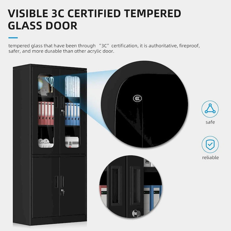 5-Tier Metal Storage Cabinet Glass Display Cabinet with Lockable Doors and Adjustable Shelves