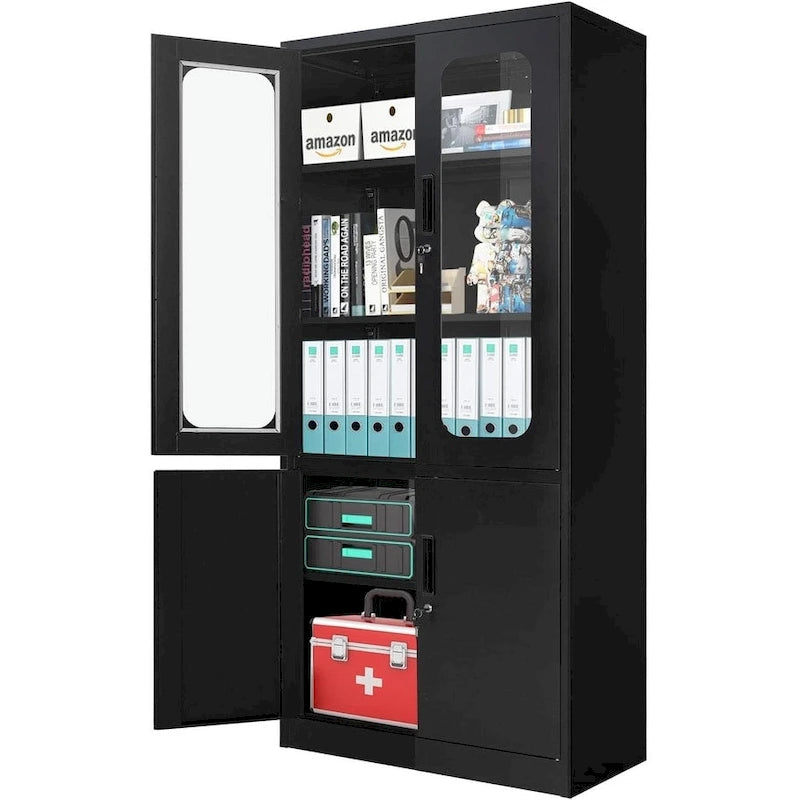 5-Tier Metal Storage Cabinet Glass Display Cabinet with Lockable Doors and Adjustable Shelves
