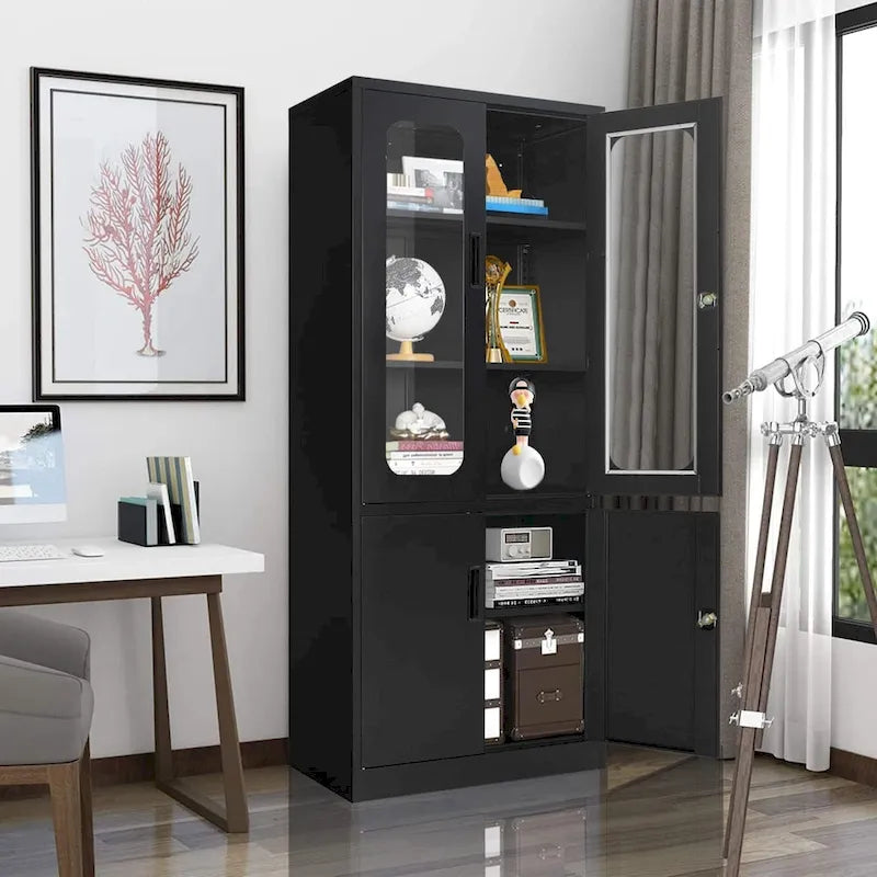 5-Tier Metal Storage Cabinet Glass Display Cabinet with Lockable Doors and Adjustable Shelves