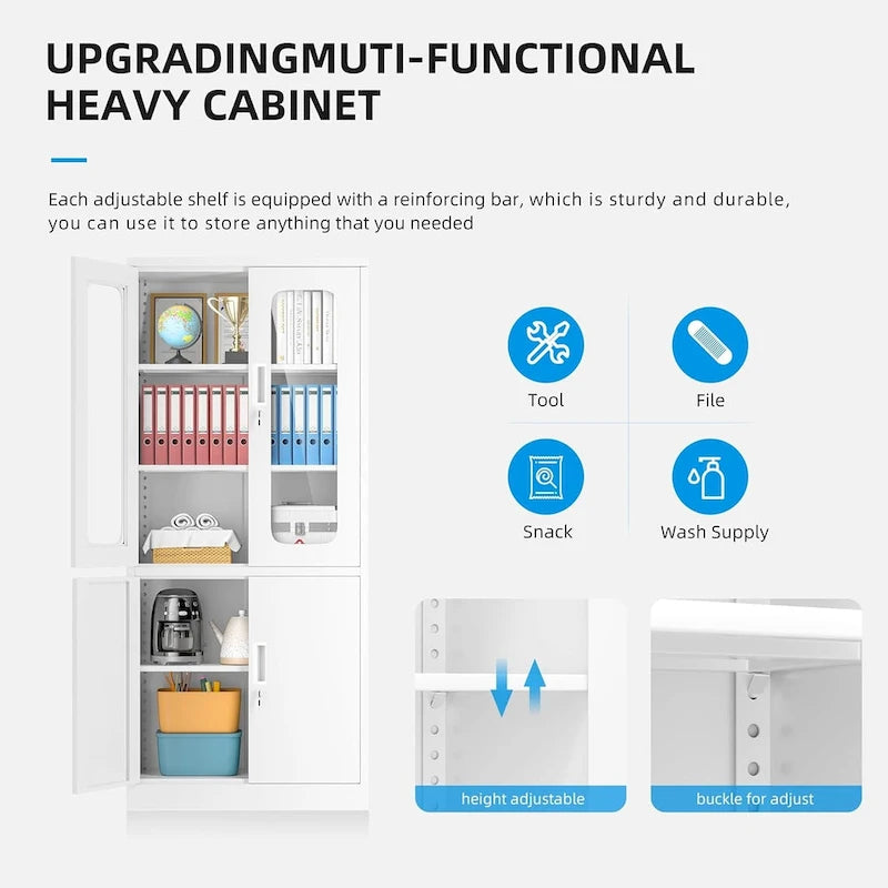5-Tier Metal Storage Cabinet Glass Display Cabinet with Lockable Doors and Adjustable Shelves