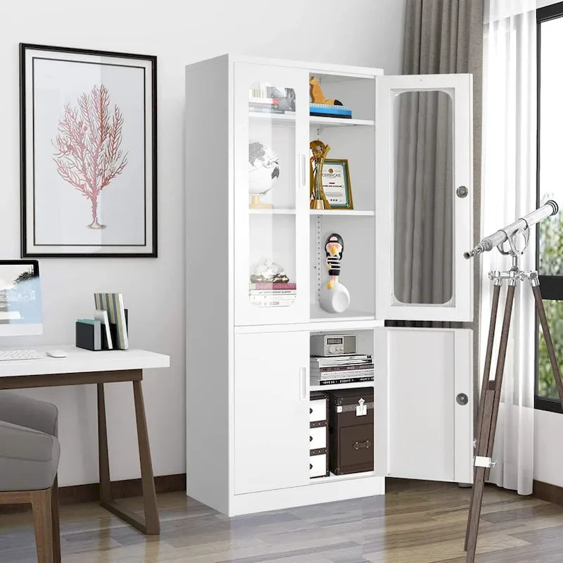 5-Tier Metal Storage Cabinet Glass Display Cabinet with Lockable Doors and Adjustable Shelves
