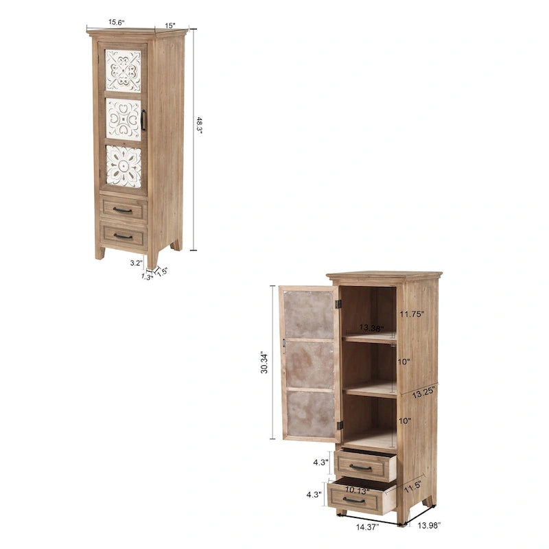 White and Brown Wood 2-Drawer and 1-Door Slim Storage Cabinet - 48.3 Tall