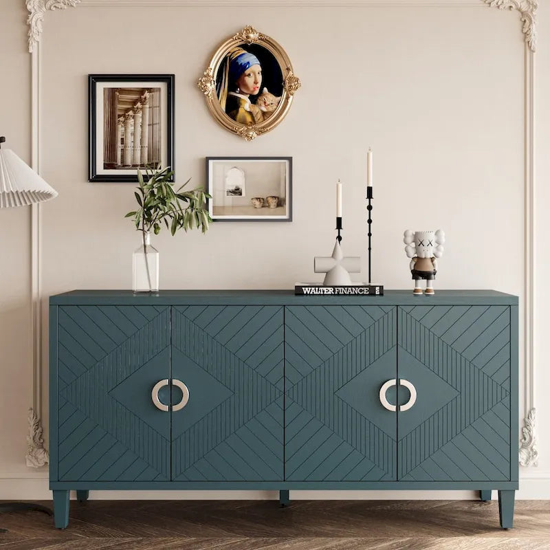 Stylish and Functional 4-Door Storage Cabinet with Pine Legs and MDF