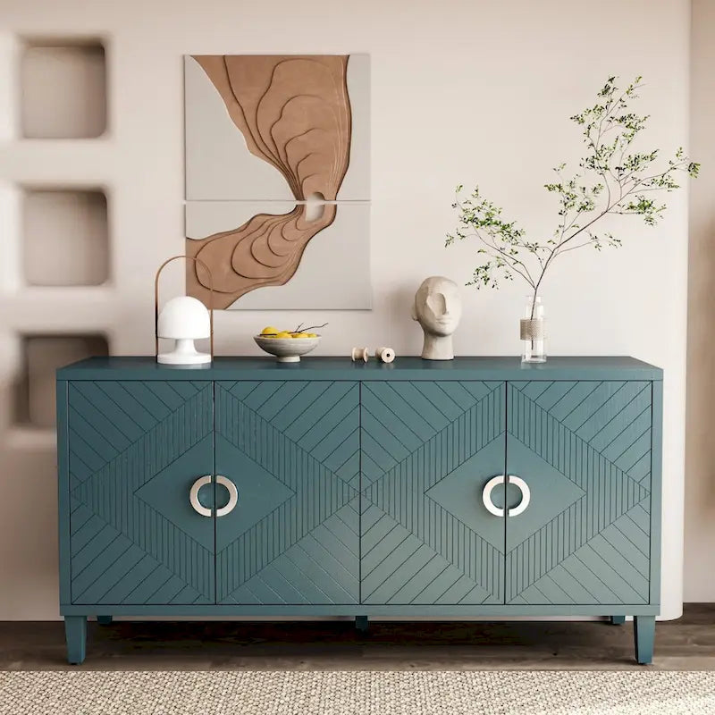 Stylish and Functional 4-Door Storage Cabinet with Pine Legs and MDF