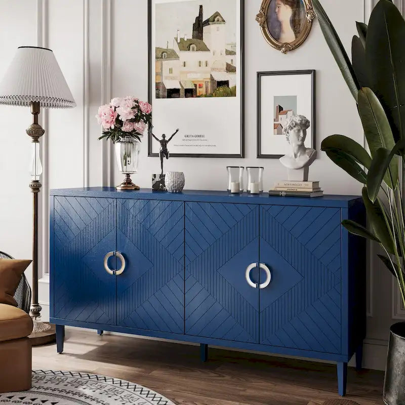 Stylish and Functional 4-Door Storage Cabinet with Pine Legs and MDF