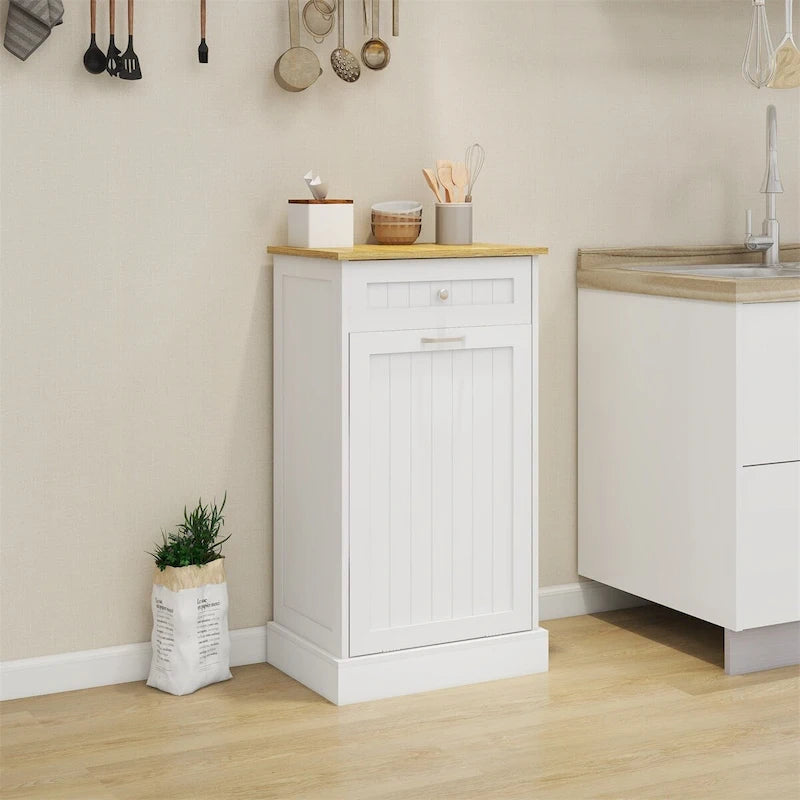 Freestanding Kitchen Trash Cabinet, Modern Wood 20-Inch Tilt-Out Trash Cabinet with Storage Drawer