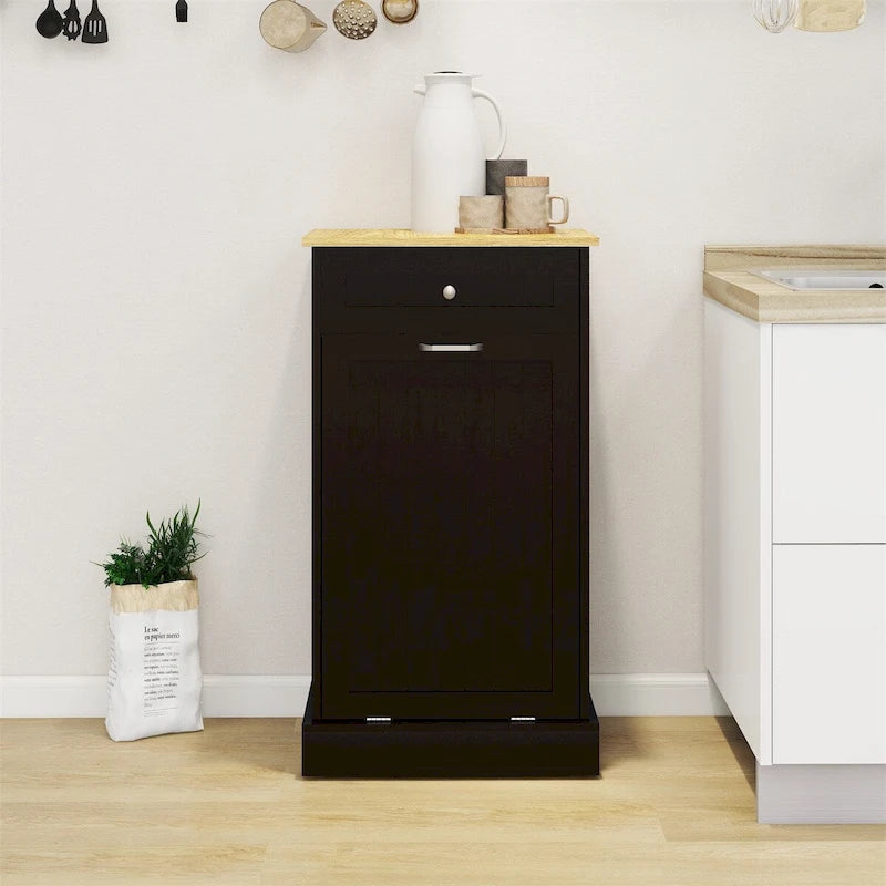 Freestanding Kitchen Trash Cabinet, Modern Wood 20-Inch Tilt-Out Trash Cabinet with Storage Drawer
