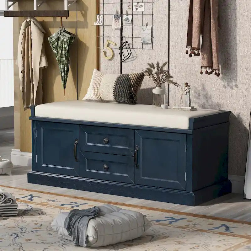 Storage Bench with 2 Drawers and 2 Cabinets, Shoe Bench with Removable Cushion for Living Room, Entryway