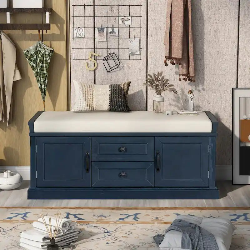 Storage Bench with 2 Drawers and 2 Cabinets, Shoe Bench with Removable Cushion for Living Room, Entryway