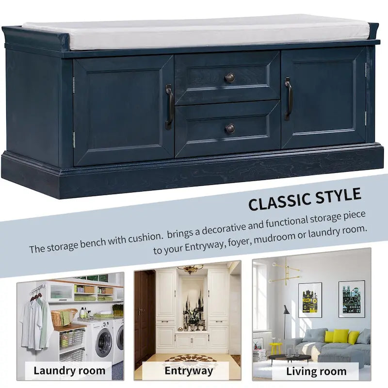 Storage Bench with 2 Drawers and 2 Cabinets, Shoe Bench with Removable Cushion for Living Room, Entryway