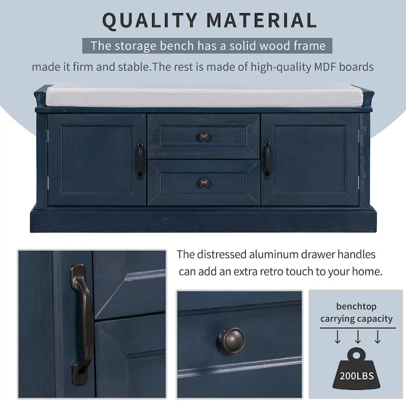 Storage Bench with 2 Drawers and 2 Cabinets, Shoe Bench with Removable Cushion for Living Room, Entryway