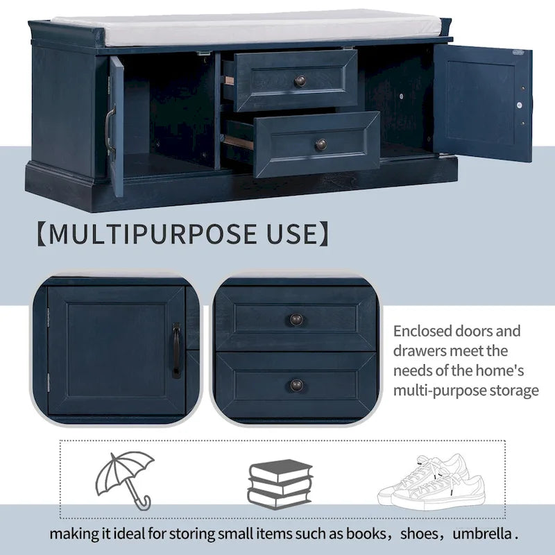 Storage Bench with 2 Drawers and 2 Cabinets, Shoe Bench with Removable Cushion for Living Room, Entryway
