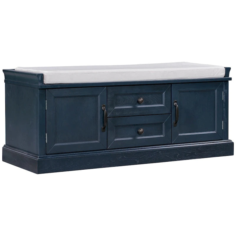 Storage Bench with 2 Drawers and 2 Cabinets, Shoe Bench with Removable Cushion for Living Room, Entryway