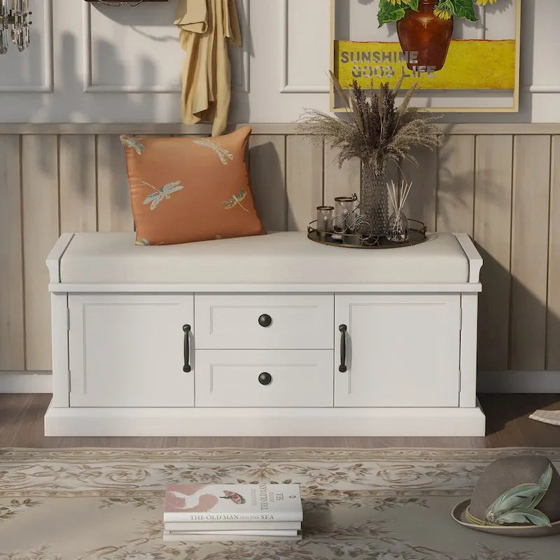 Storage Bench with 2 Drawers and 2 Cabinets, Shoe Bench with Removable Cushion for Living Room, Entryway