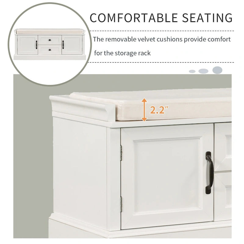 Storage Bench with 2 Drawers and 2 Cabinets, Shoe Bench with Removable Cushion for Living Room, Entryway