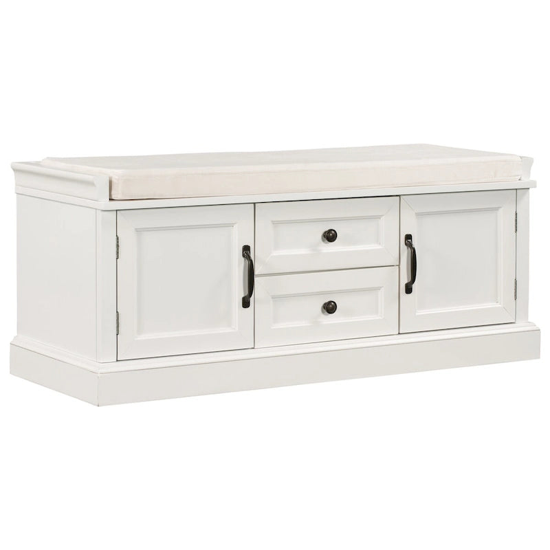 Storage Bench with 2 Drawers and 2 Cabinets, Shoe Bench with Removable Cushion for Living Room, Entryway