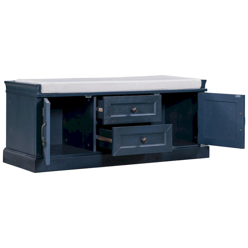 Storage Bench with 2 Drawers and 2 Cabinets, Shoe Bench with Removable Cushion for Living Room, Entryway