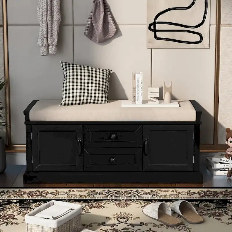 Storage Bench with 2 Drawers and 2 Cabinets, Shoe Bench with Removable Cushion for Living Room, Entryway