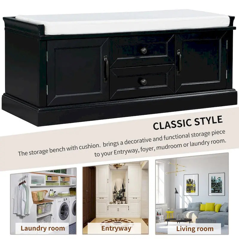 Storage Bench with 2 Drawers and 2 Cabinets, Shoe Bench with Removable Cushion for Living Room, Entryway