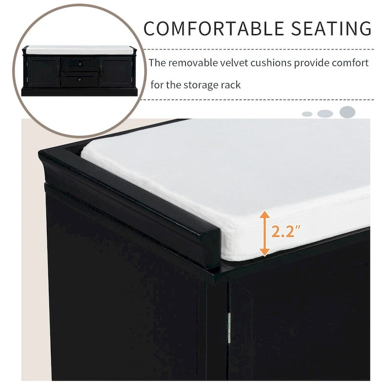 Storage Bench with 2 Drawers and 2 Cabinets, Shoe Bench with Removable Cushion for Living Room, Entryway