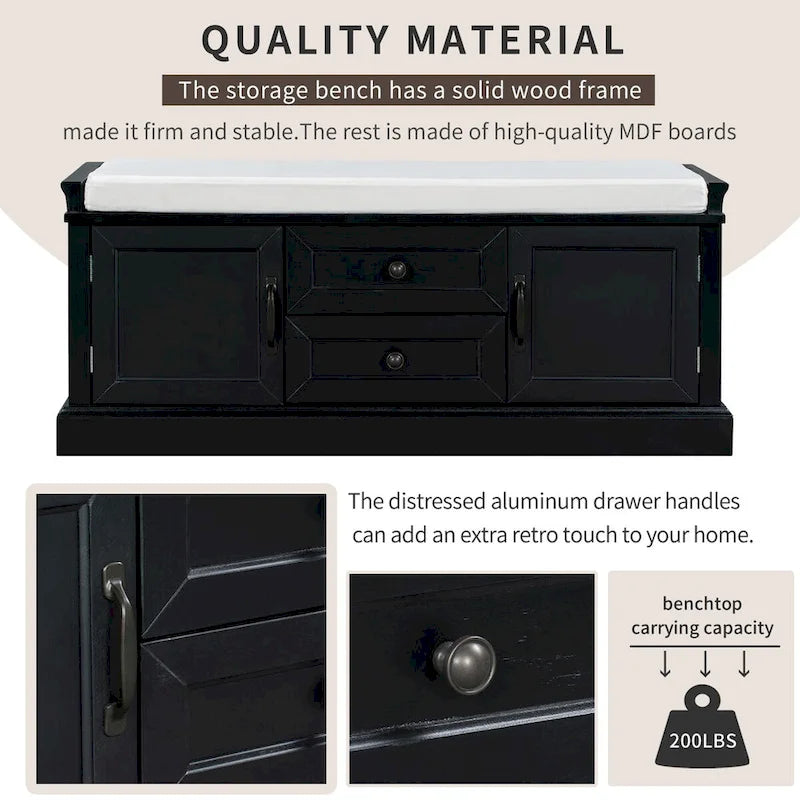 Storage Bench with 2 Drawers and 2 Cabinets, Shoe Bench with Removable Cushion for Living Room, Entryway