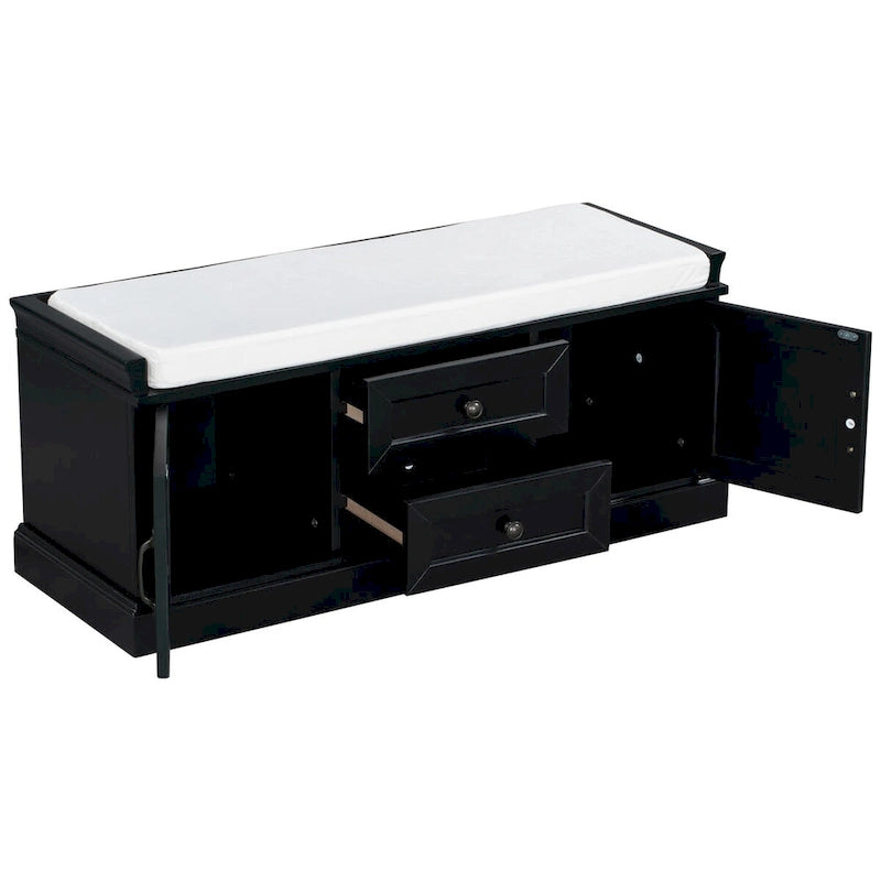 Storage Bench with 2 Drawers and 2 Cabinets, Shoe Bench with Removable Cushion for Living Room, Entryway