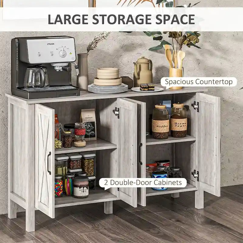 Wood Buffet Cabinet with 4 Barn Doors and 2 Adjustable Shelves - N/A